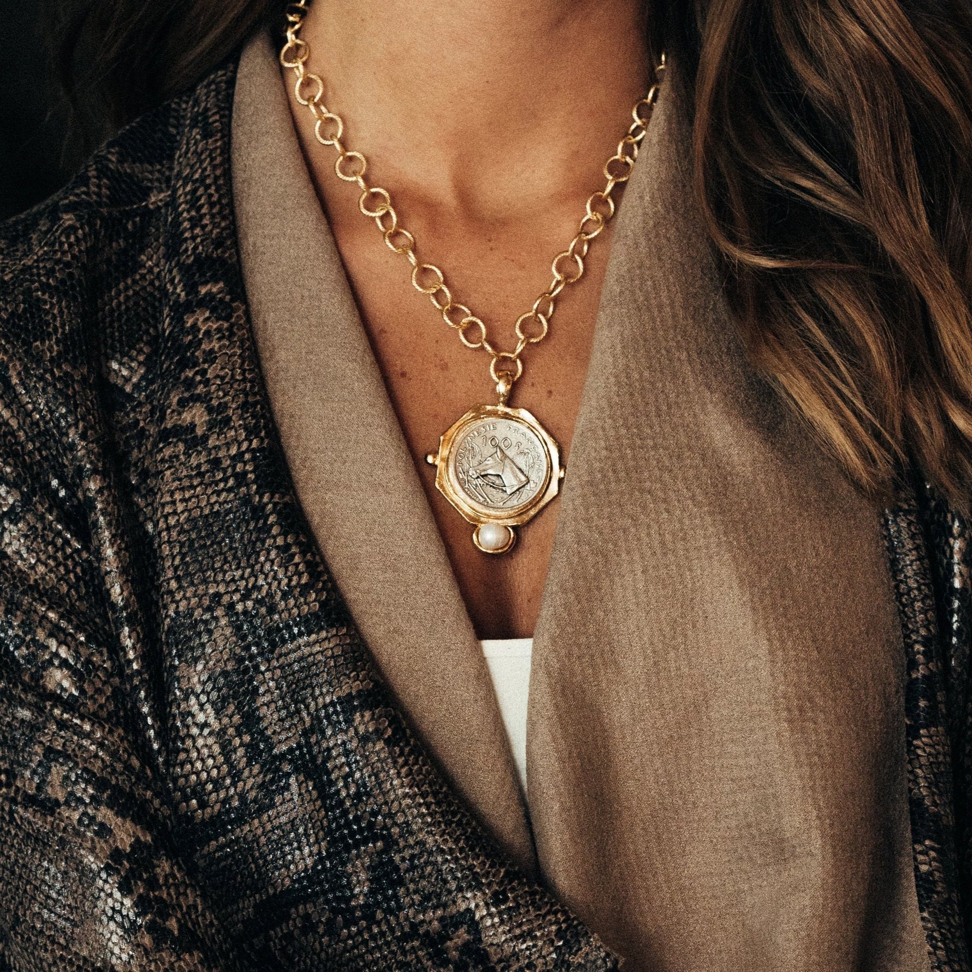 Horse Coin + Freshwater Pearl Chain Necklace